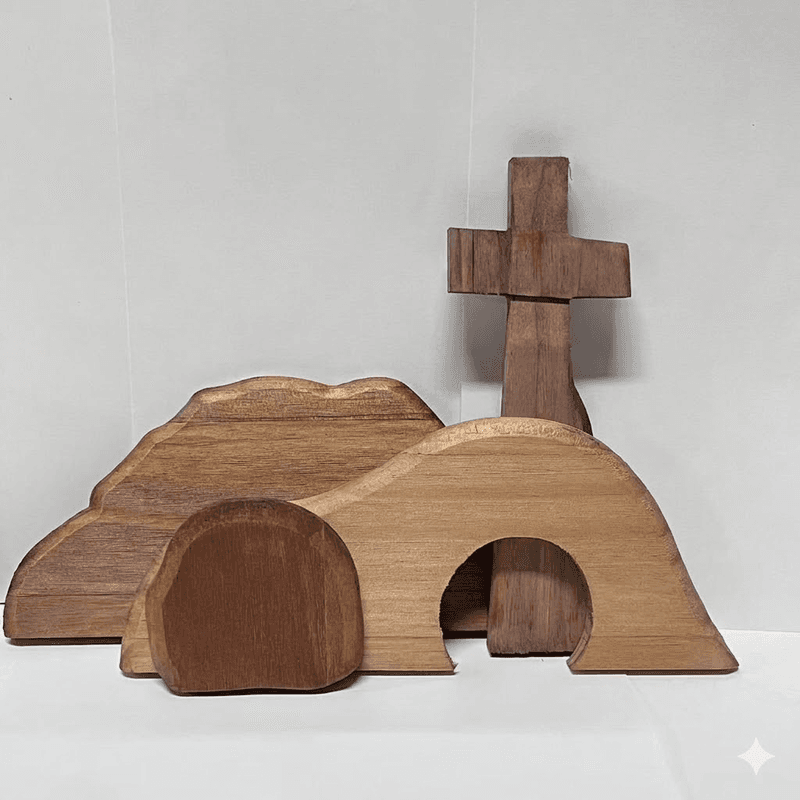 Easter Resurrection Scene Wooden Tabletop Ornament - Handcrafted Cross