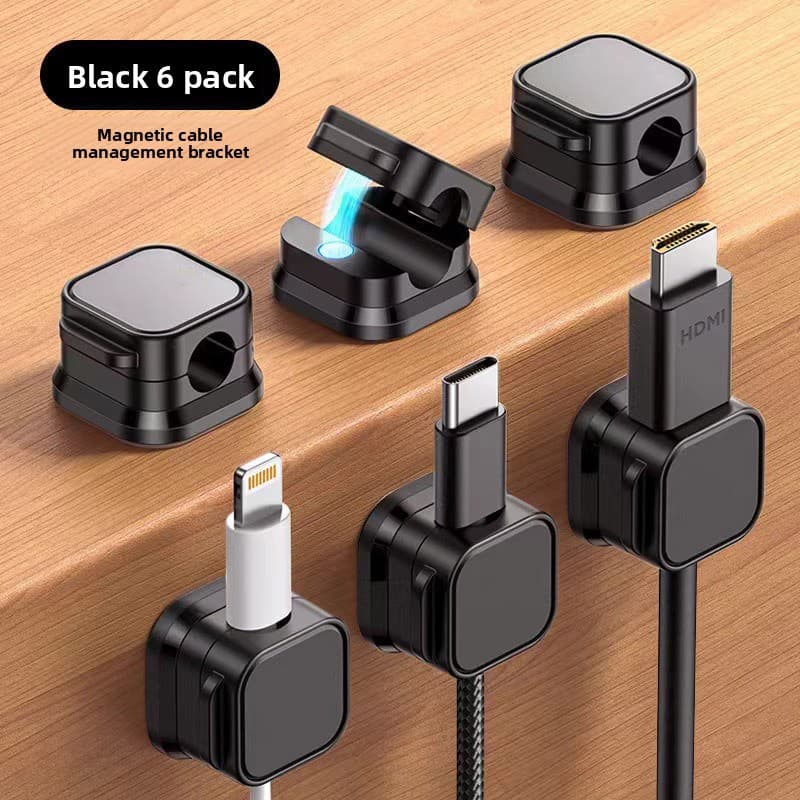 Black 6-Pack Magnetic Cable Organiser Clips Desktop Cord Management