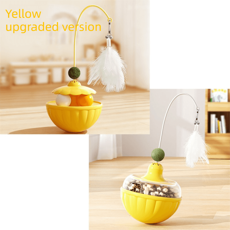 Yellow 2-Piece Interactive Cat Wobble Toy Set - Dual Ball Turntable & Feeder