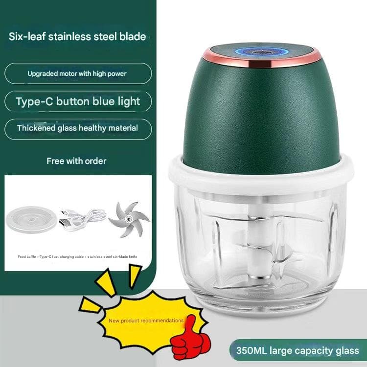 Electric Mini Garlic Chopper with Glass Bowl - USB Rechargeable, 6 - Green