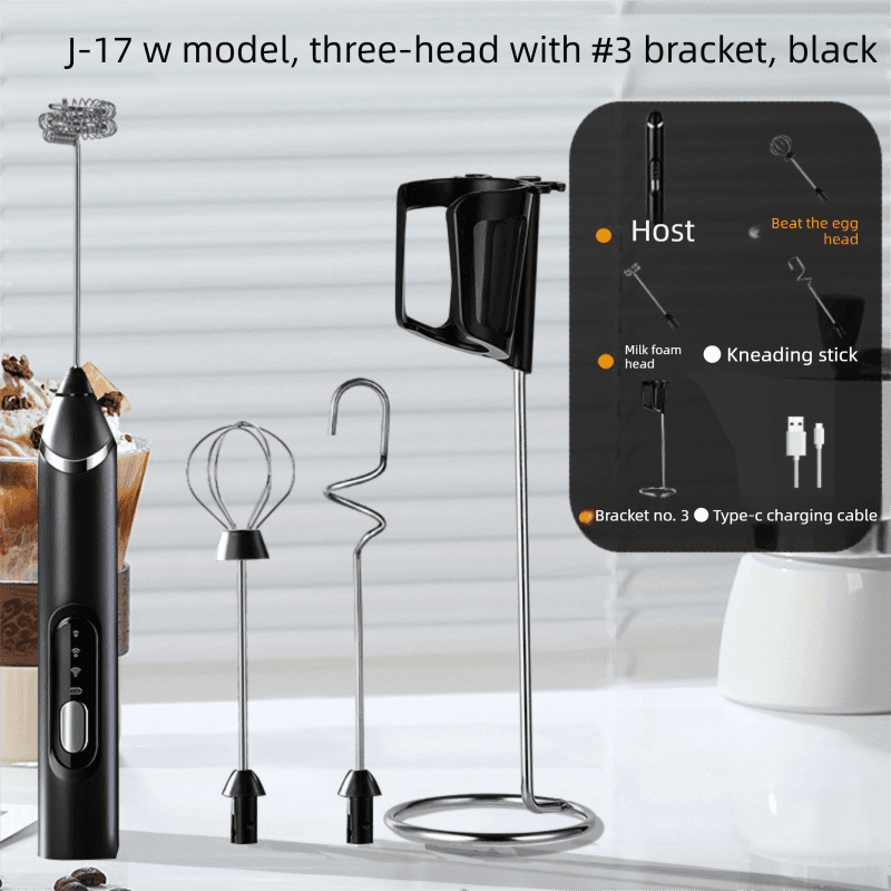 Rechargeable 3-in-1 Milk Frother Set with Metal Stand - Handheld - Black
