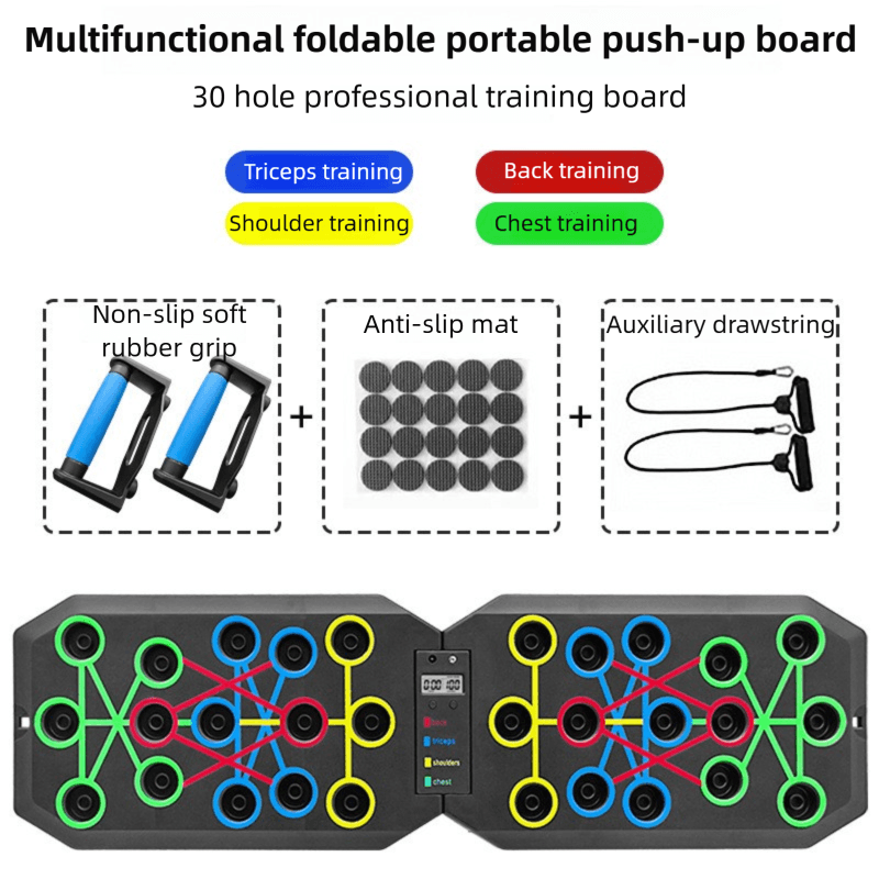 30-Hole Black Foldable Smart Push Up Board with Digital Counter/Timer