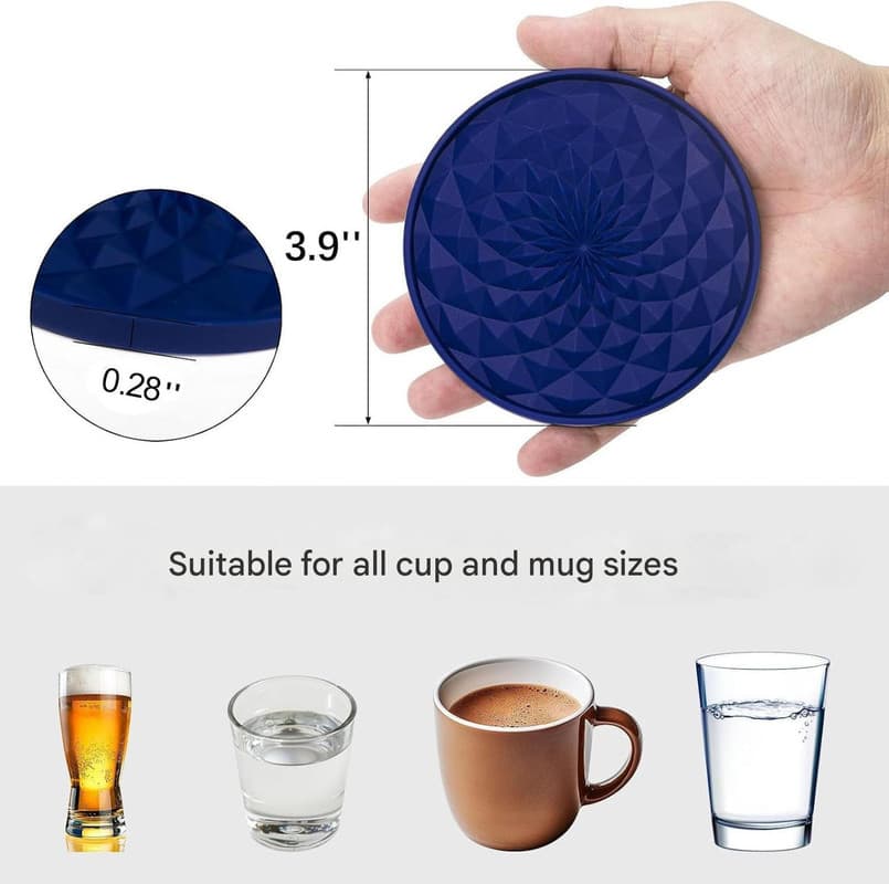Black Geometric Silicone Drink Coasters Set (6 Pack) with Holder - Non-Slip