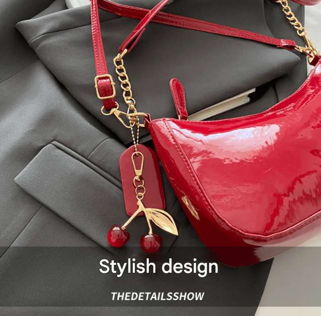 White Glossy PU Leather Underarm Bag & Crossbody Purse with Cherry Charm