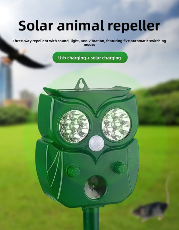 Solar Ultrasonic Animal Repeller - Owl Design with 14 LED Flashing Lights