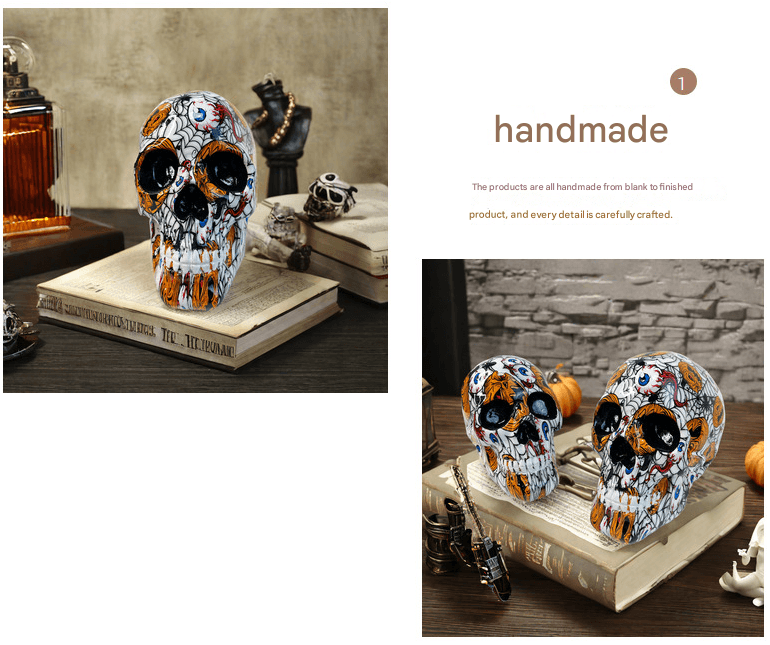 Small White Colorful Floral Skull Statue - Intricate Day of the Dead Style
