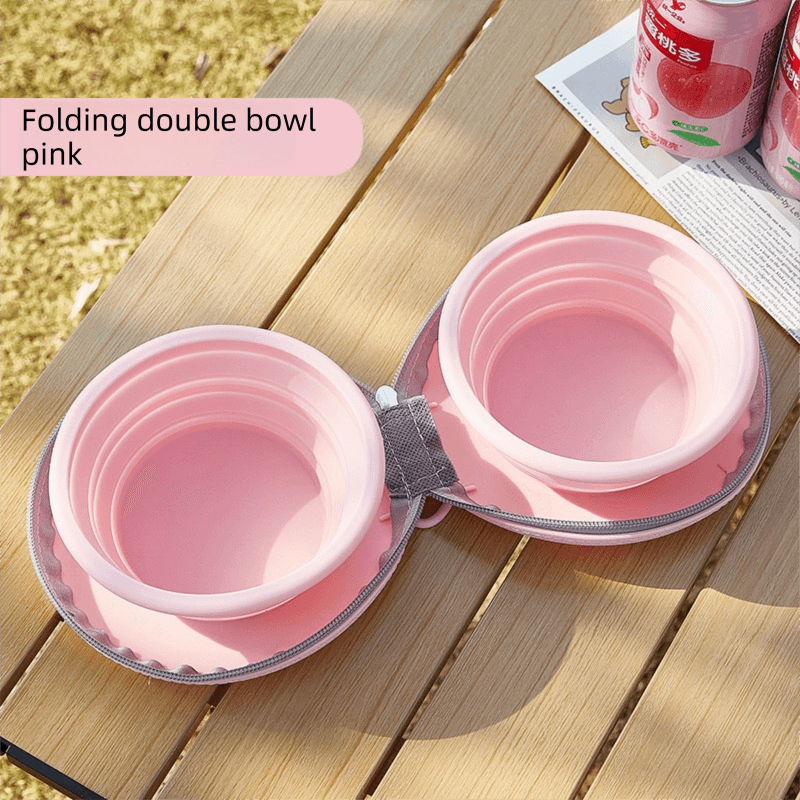 Pink Portable Foldable Dual Bowl for Pets - Silicone Feeding and Water Dish