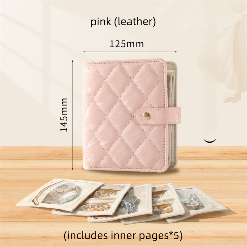 Pink Nappa Leather Anti-Oxidation Jewelry Storage Book with 5 Velvet Pouches