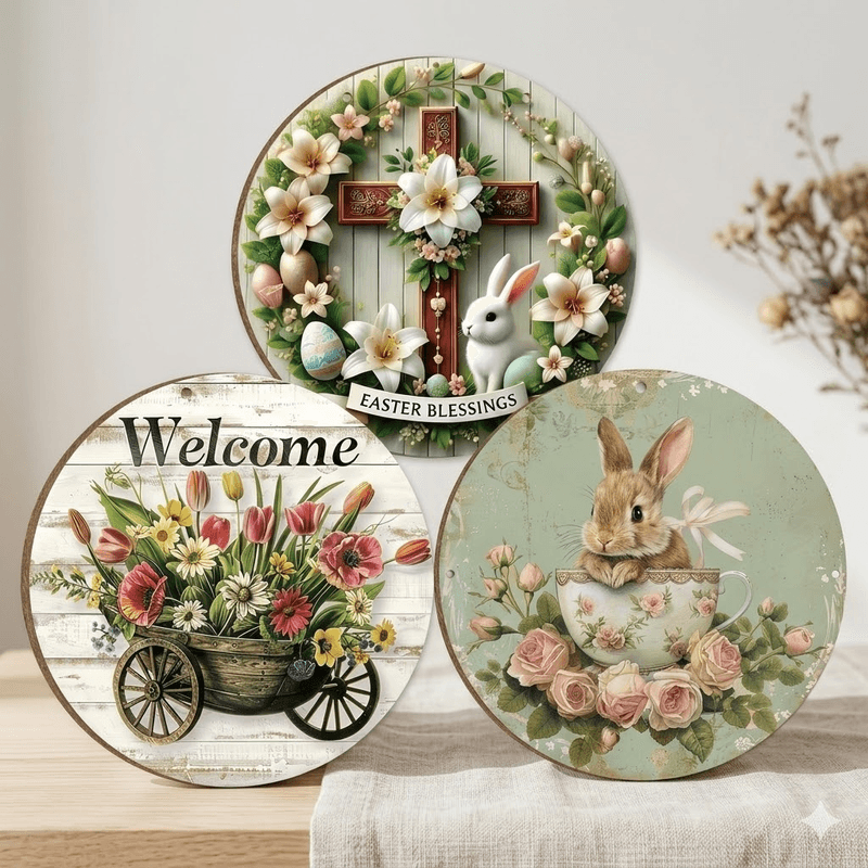 Easter Wooden Door Sign & Hanging Ornament 3-Piece Set - Festive Bunny