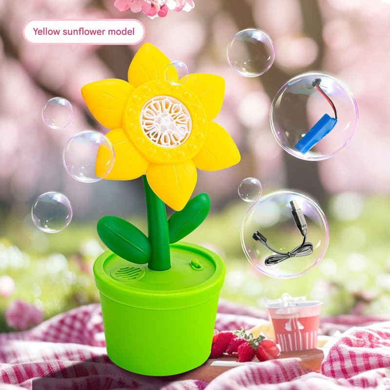 Electric Flower Bubble Machine with Music - Rechargeable, 10-Hole - Yellow