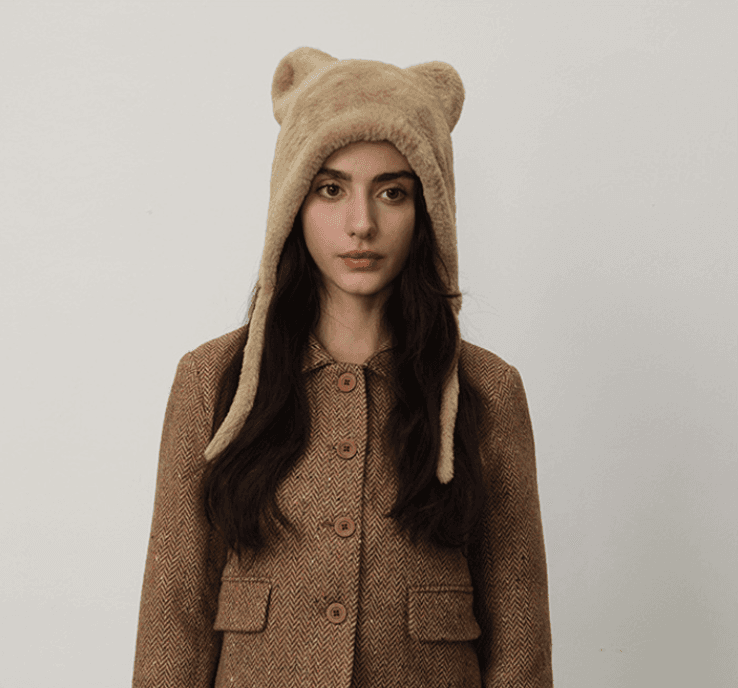 Beige Fluffy Cat Ear Winter Earflap Hat Women Knitted Warm Cold Weather Cap