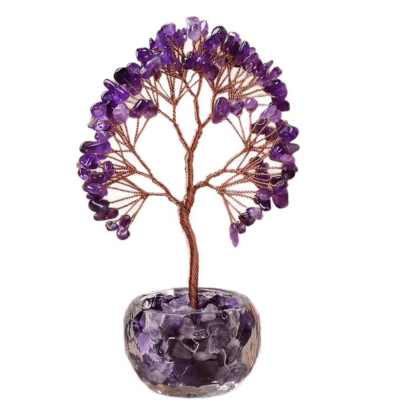 Purple Natural Crystal Tree Ornament - Handmade Miniature Decorative Tree
