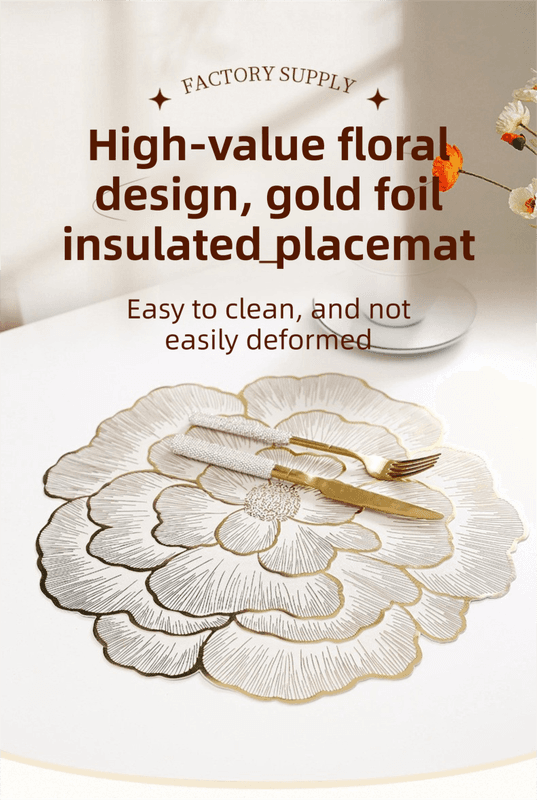 4-Pack Gold Bronzing Floral Heat-Insulated Placemats - Gold - 38 × 38 cm