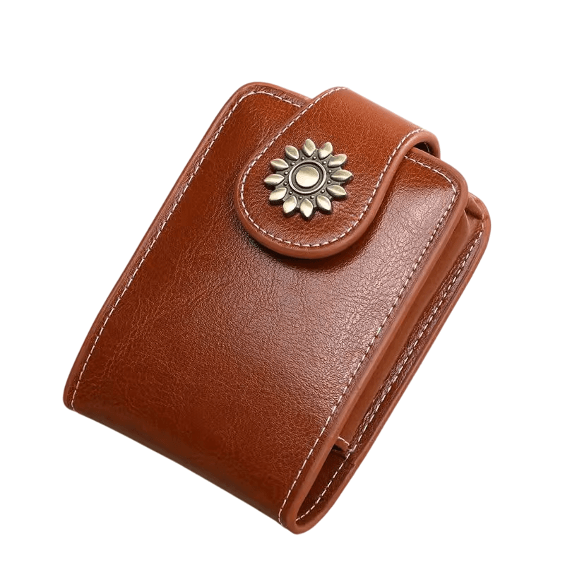 Brown Compact PU Leather Flap-Top Lip Gloss Organizer with Built-in Mirror