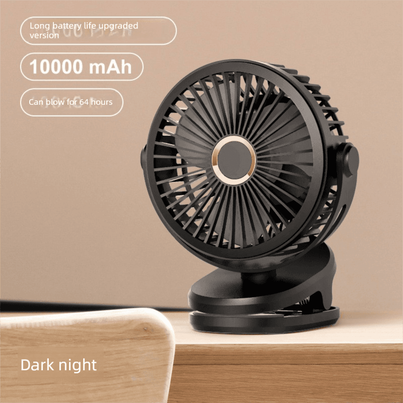 Black 10000mAh Portable Clip on Fan with 720 Degree Rotation 4 Speeds