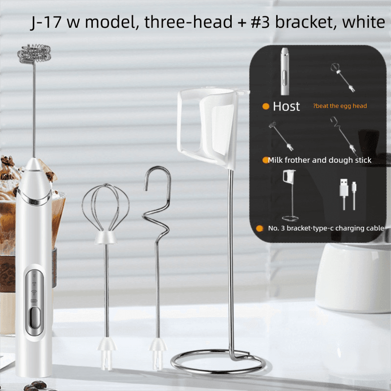 Rechargeable 3-in-1 Milk Frother Set with Metal Stand - Handheld - White