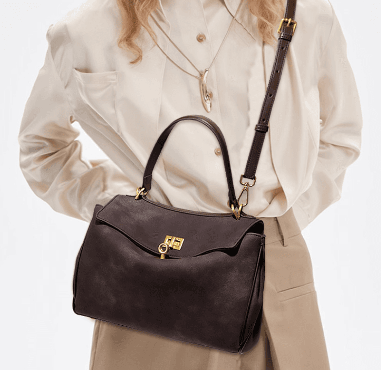 Coffee Women's Vintage Suede Satchel Bag - Top Handle Purse with Gold Lock