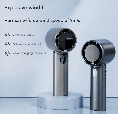 Grey Mini Bladeless Handheld Fan - USB Rechargeable, Quiet Portable Desk Fan