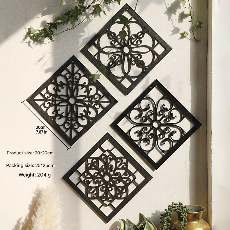 Black 4-Piece Set Intricate Black Wooden Wall Art Panels - Diamond Mandala