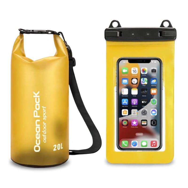 Yellow 20L PVC Waterproof Swimming Bag Bonus with Waterproof Phone Pouch