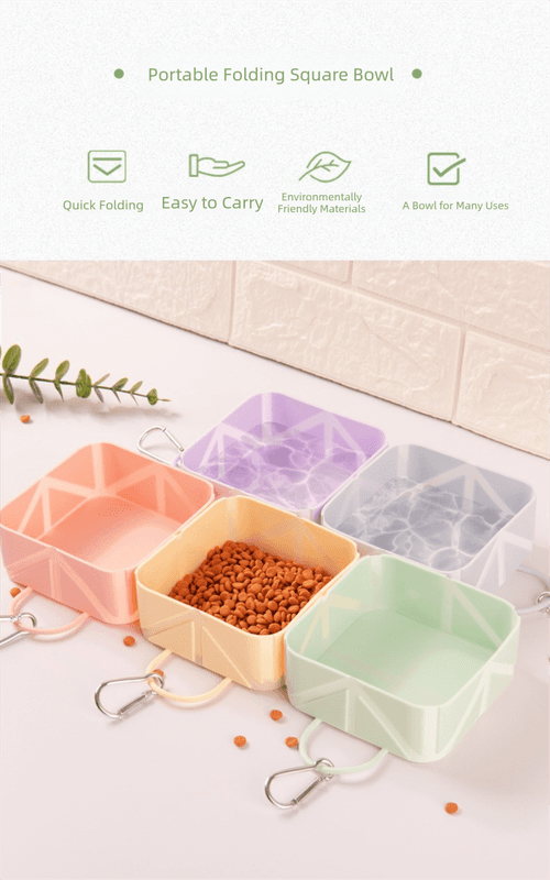 2-Piece Pink Portable 500 ml Collapsible Square Pet Bowl - Silicone Travel