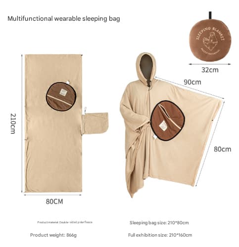 Khaki Cozy 4-in-1 Wearable Fleece Poncho Sleeping Bag - Multifunctional