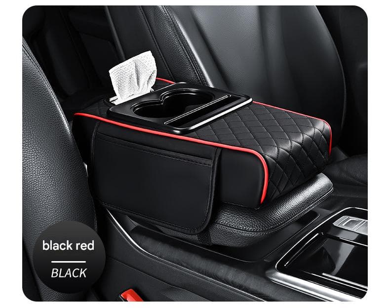 Car Armrest Organizer & Comfort Pad (black red)