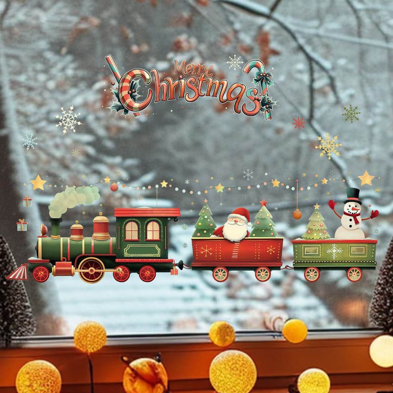 10-Piece Christmas Train with Santa & Snowman PVC Wall Sticker for Shop
