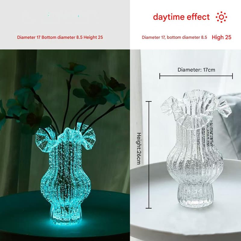 Transparent Glow-in-the-Dark Glass Vase - Vintage-Style Ruffled & Ribbed