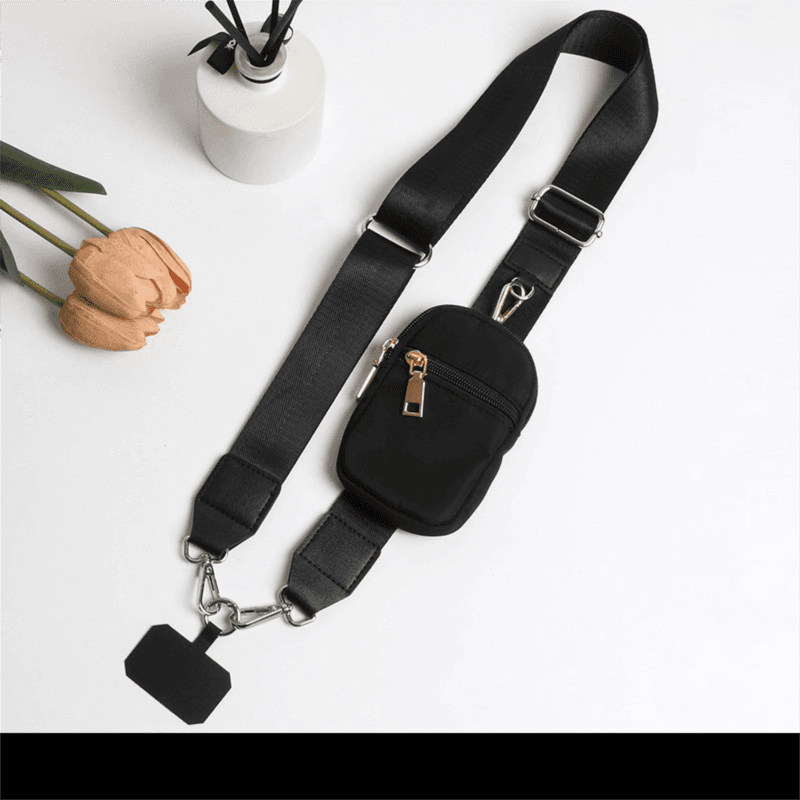 Black Versatile Crossbody Phone Lanyard with Detachable Mini Pouch - Twill