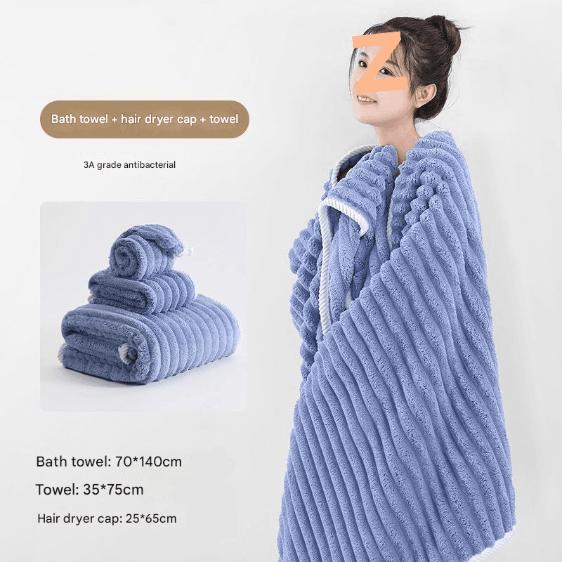 Blue Plush Ribbed Coral Fleece 3-Piece Towel Set - Ultra Soft & Absorbent