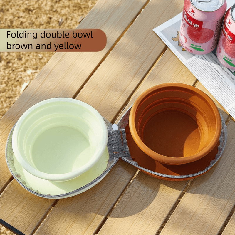 Brown and yellow Portable Foldable Dual Bowl for Pets - Silicone Feeding