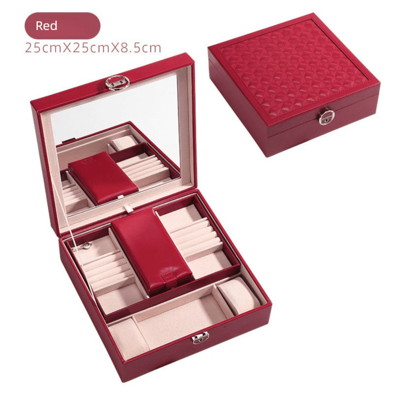 Red Large PU Leather Jewelry Box with Mirror & Lock - Velvet Lined Organizer
