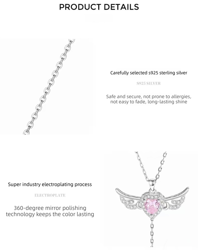S925 Sterling Silver Angel Wings Necklace with Pink Heart Crystal & Tassel
