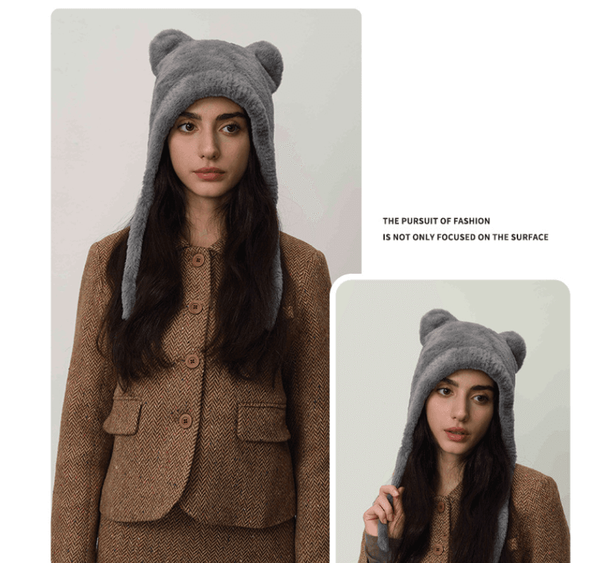 Light gray Fluffy Cat Ear Winter Earflap Hat Women Knitted Warm Cold Weather