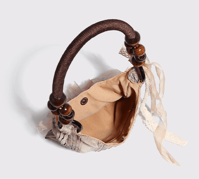 Vintage Rose Floral Shoulder Bag - 3D Fabric Flowers, Wooden Bead Handle