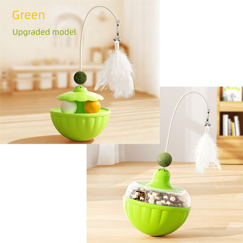 Green 2-Piece Interactive Cat Wobble Toy Set - Dual Ball Turntable & Feeder