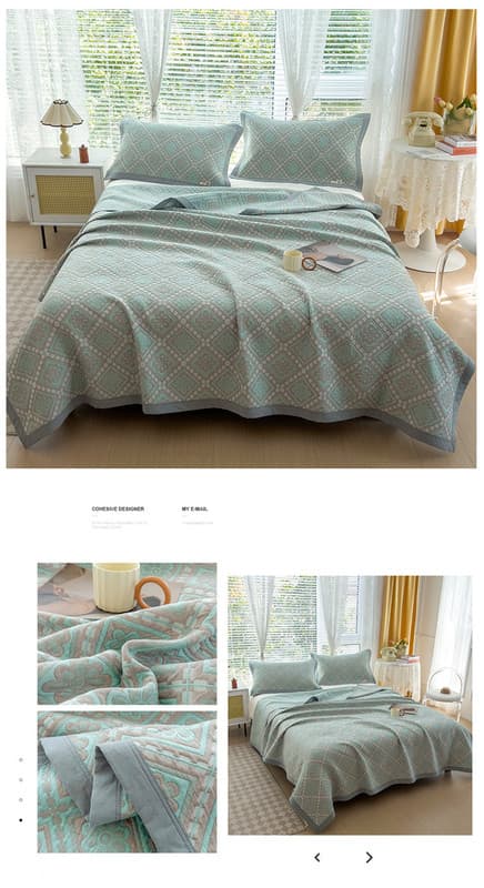 Grey and Green Cotton Three-Layer Gauze Bed Cover Set - 120 × 150 cm