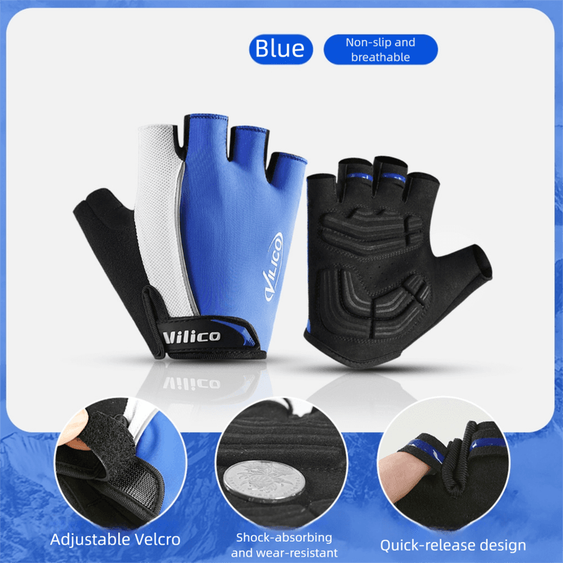 Size L Blue Padded Half-Finger Cycling Gloves - Breathable Shock-Absorbing