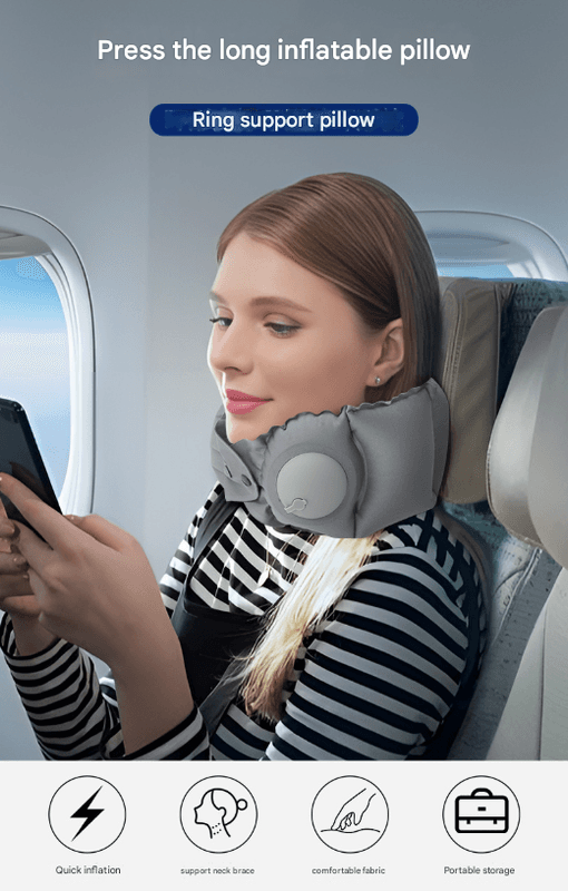 Light Grey Press-Pump Inflatable Travel Pillow - Ultra-Lightweight Ergonomic