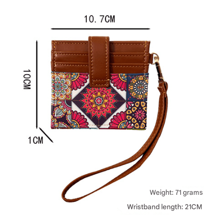 Colorful Ethnic Mandala Pattern PU Leather Mini Card Holder with Wrist Strap