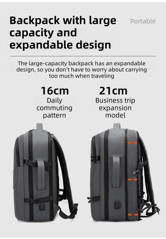 Black Business Expandable Travel Backpack with External USB Charging