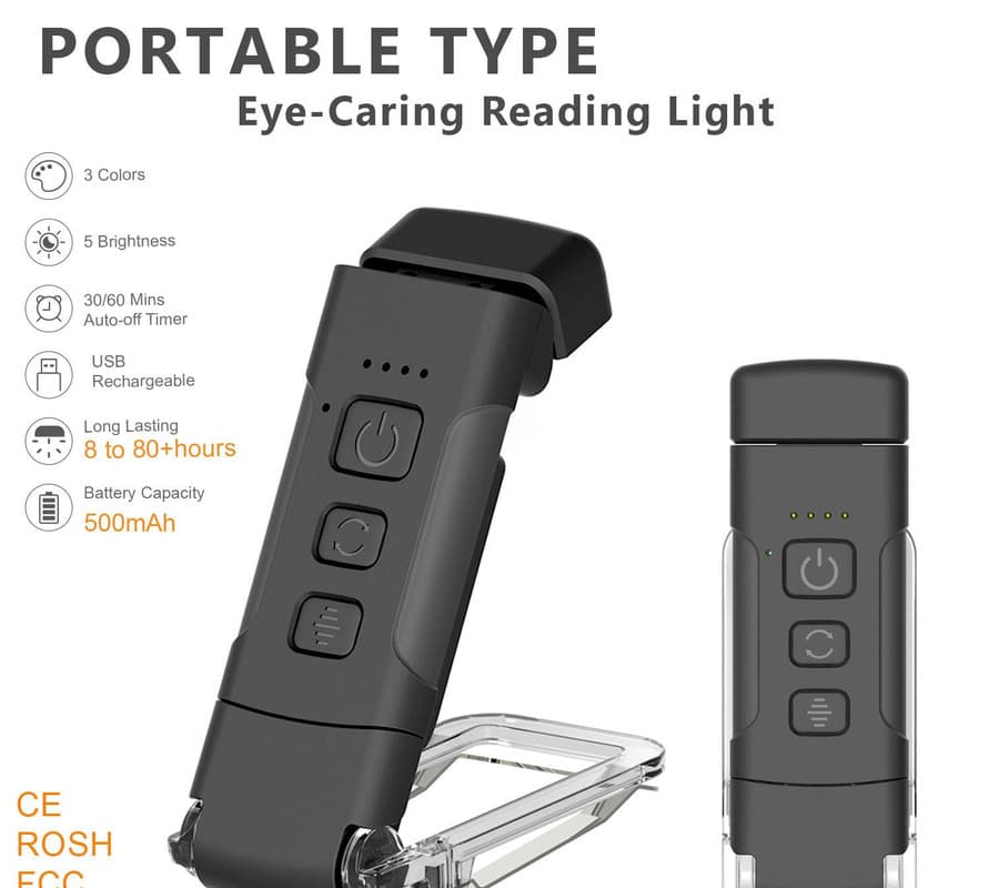 Portable Clip-On LED Reading Light - USB Rechargeable, 3 Color Modes - Black