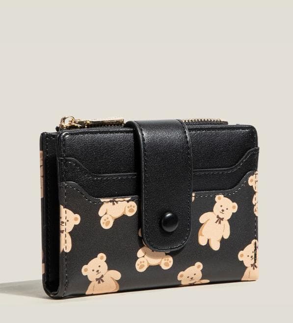Black Bear Print Bifold Wallet - PU Leather & Polyester Card Holder with Zip