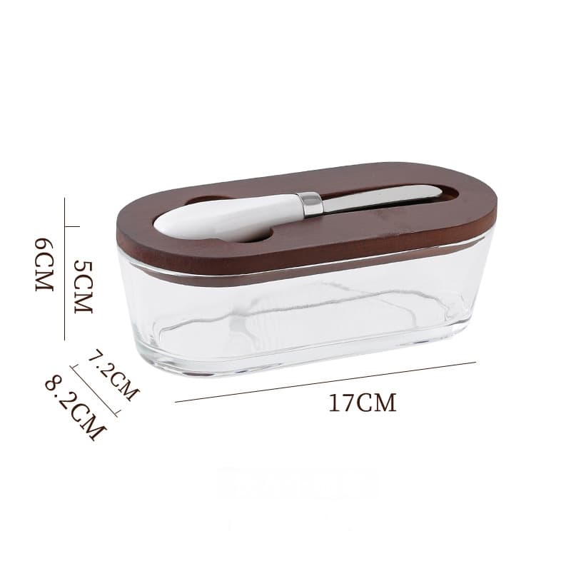 Brown - flat Glass Butter Dish with Wooden Lid & Matching Spreader - Sealed