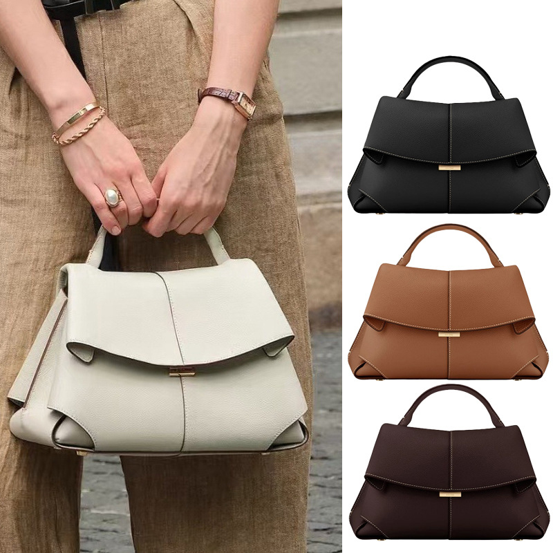 Black Women's Genuine Cowhide Leather Top Handle Satchel - Flap Crossbody