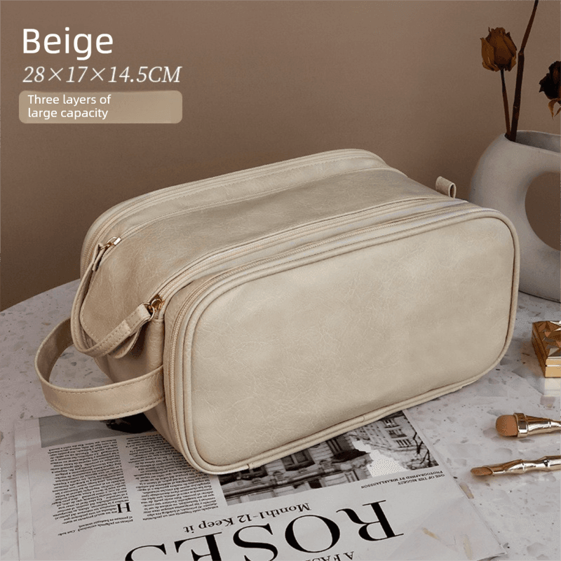 Cream Beige Large Capacity Makeup Bag - 3-Layer Double Zipper Travel