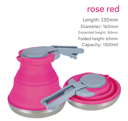 Rose Red 1.5L Collapsible Silicone Camping Kettle - Portable Foldable Travel