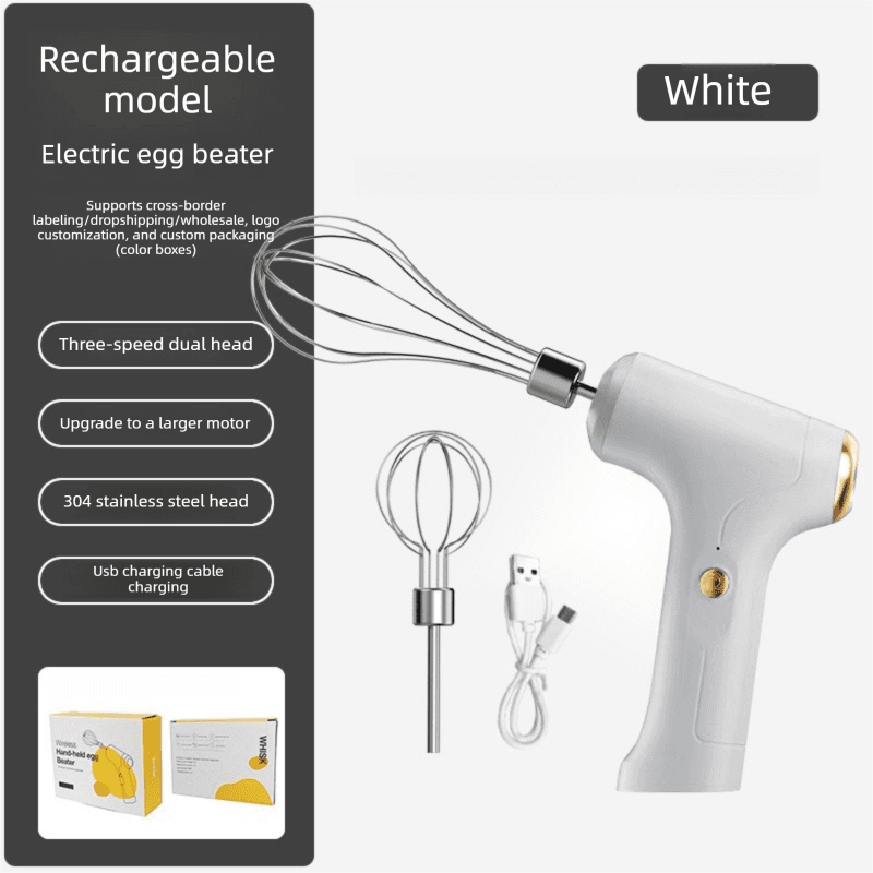 Cordless Electric Hand Mixer - Rechargeable 3-Speed Egg Beater - White