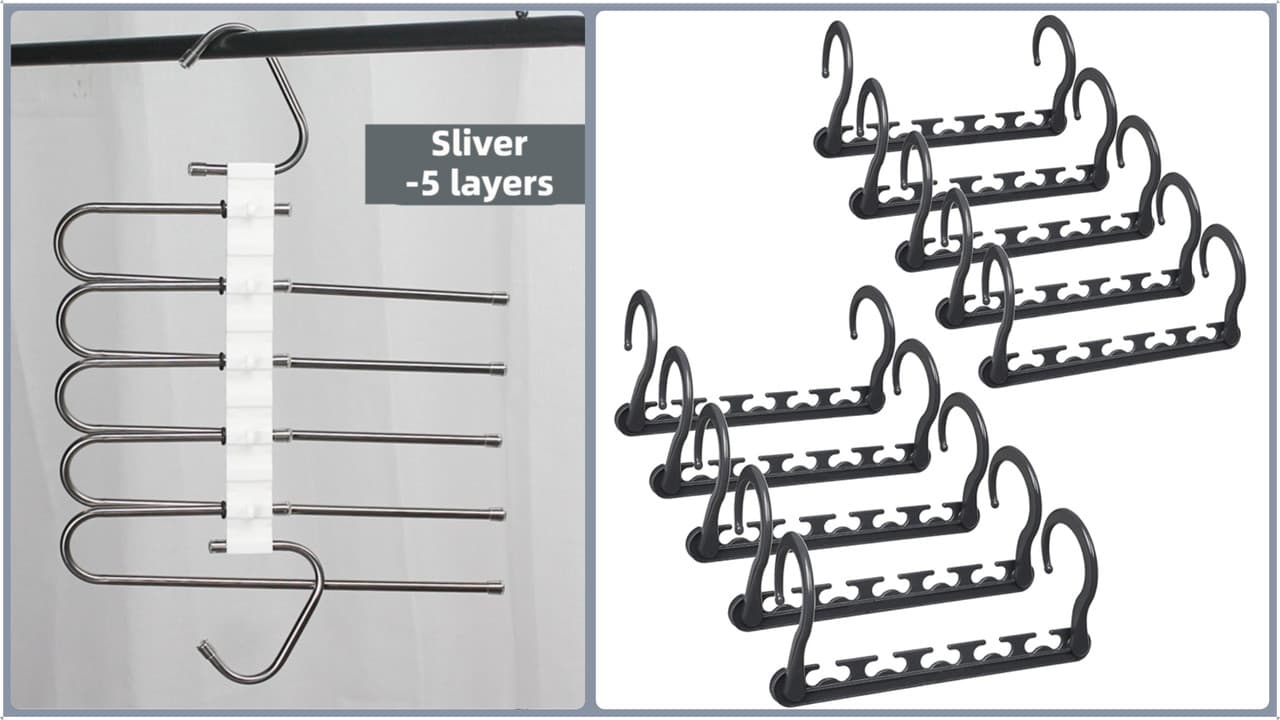 5-Tier Silver Stainless Steel Pants Rack and 10-Pack Magic Cascading Hangers